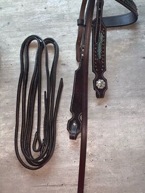 Decorative Brown Leather Horse Bridle with Conchos and Stitched Reins